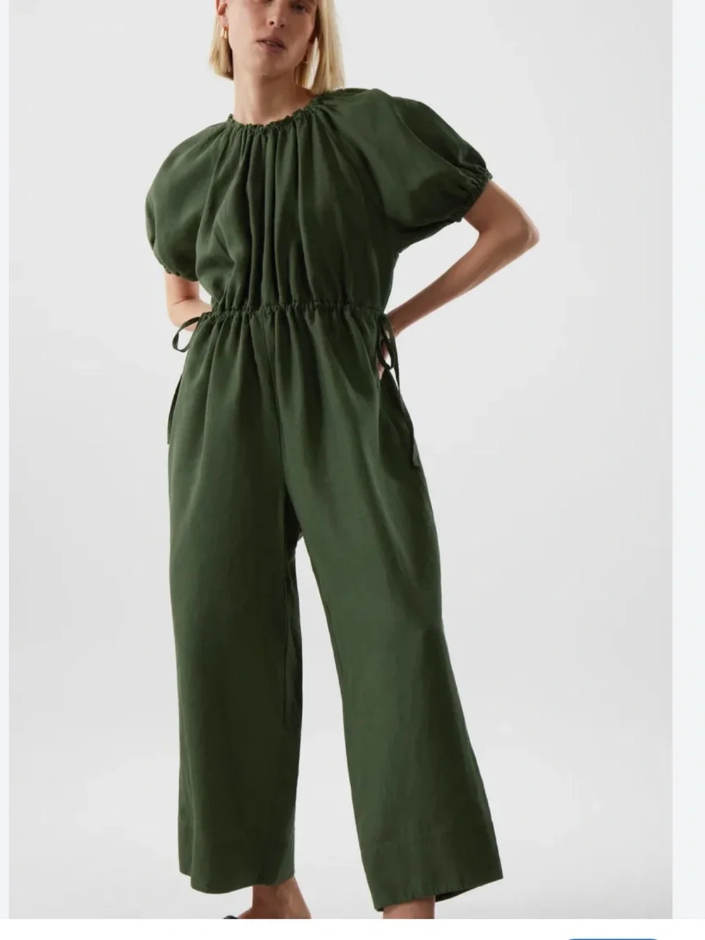 COS Puff Sleeve Olive Green Wide-Leg Jumpsuit